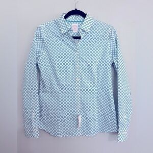 Brooks Brothers Teal & White Geometric Tailored Fit Cotton Blouse Size 6